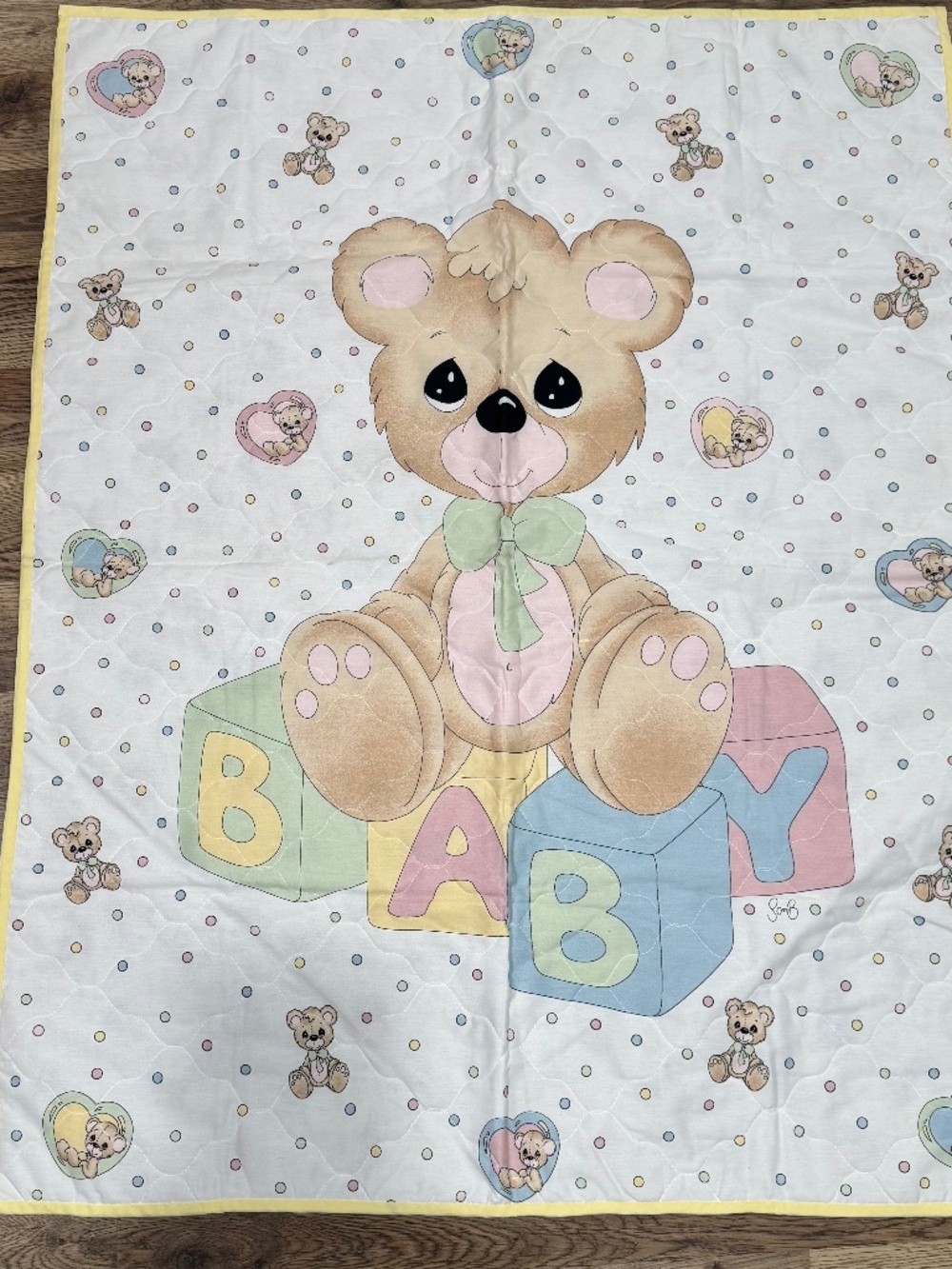 Precious Moments Baby Crib Blanket Quilt Teddy Bear Blocks Trim Reversible VTG